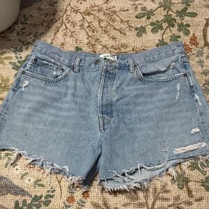 Agolde Parker Long Light Blue Distressed Denim Shorts